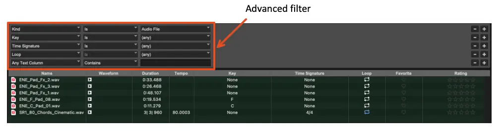 Advanced filter in Soundbase