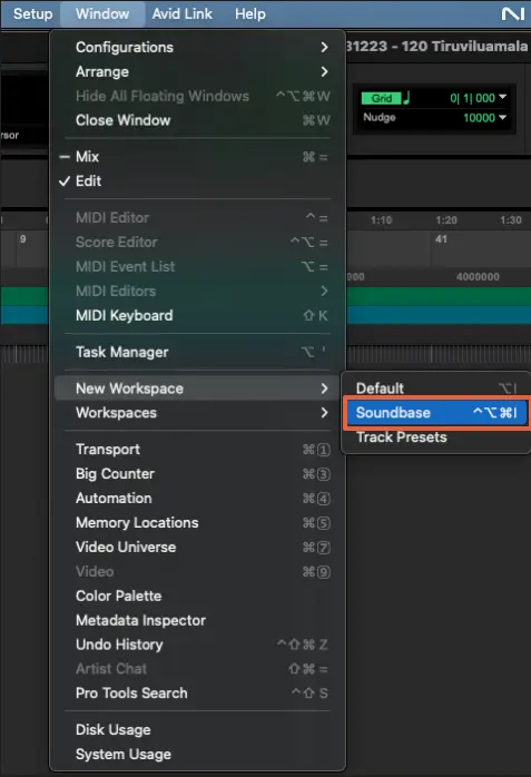 Soundbase ProTools menu location